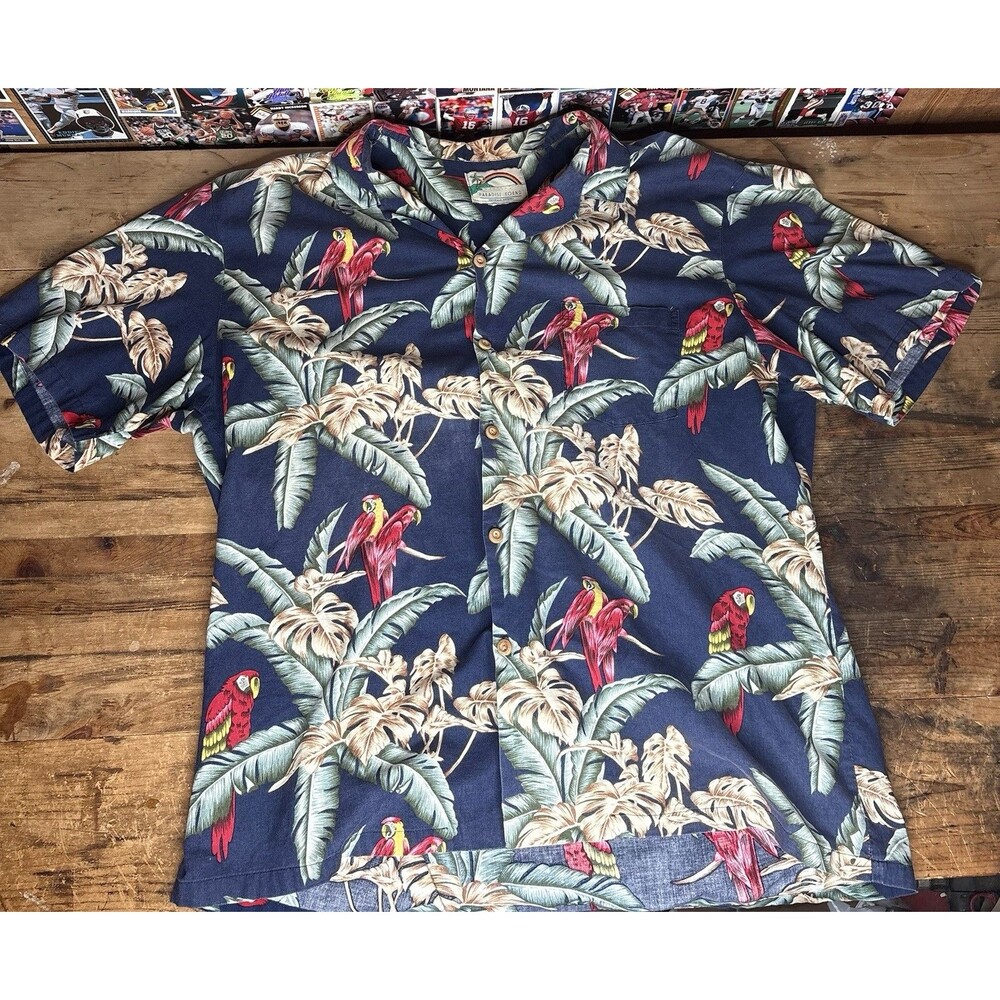 VTG Mens L Paradise Found Blue Red Parrot Rayon Hawaiian Shirt Magnum PI USA